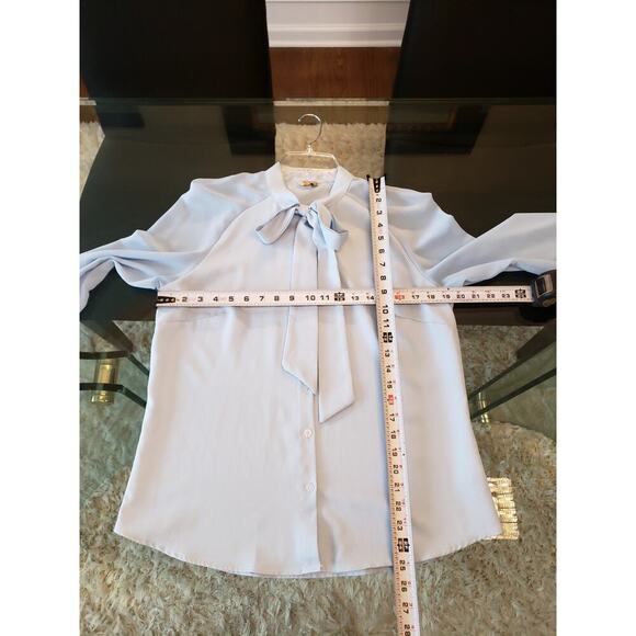Vintage Acevog Blouse M Light Blue Bow Neck Long Sleeve Button Front Office Top - Picture 11 of 11